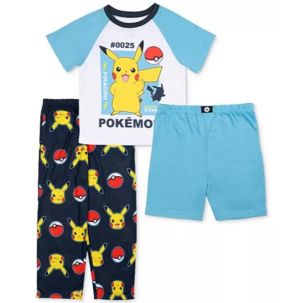 Pokémon Youth‎ Boys Size 10 Short-Sleeve Pajama Top Shorts & Pants 3 Piece Set
